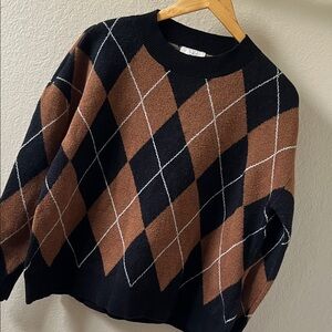 LOFT Argyle Black Brown Crew Neck Sweater Size M